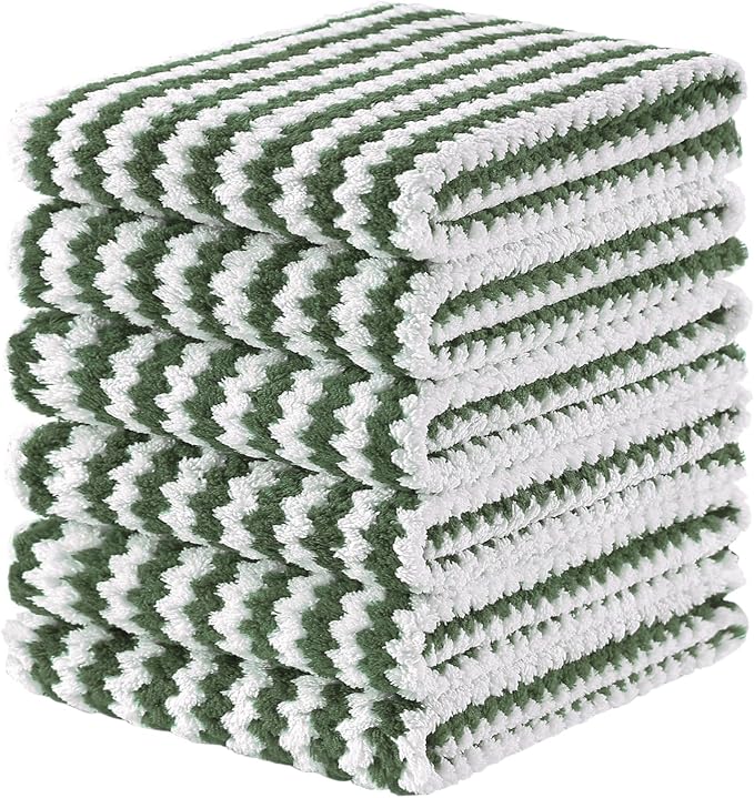 Homaxy Kitchen Towels(6 Pack, 10 x 20 inches), Ultra Soft and Absorbent Dish Towels, Reusable Fast Drying Microfiber Cleaning Cloth, Coral Velvet Wave Design No-lint, Grass Green
