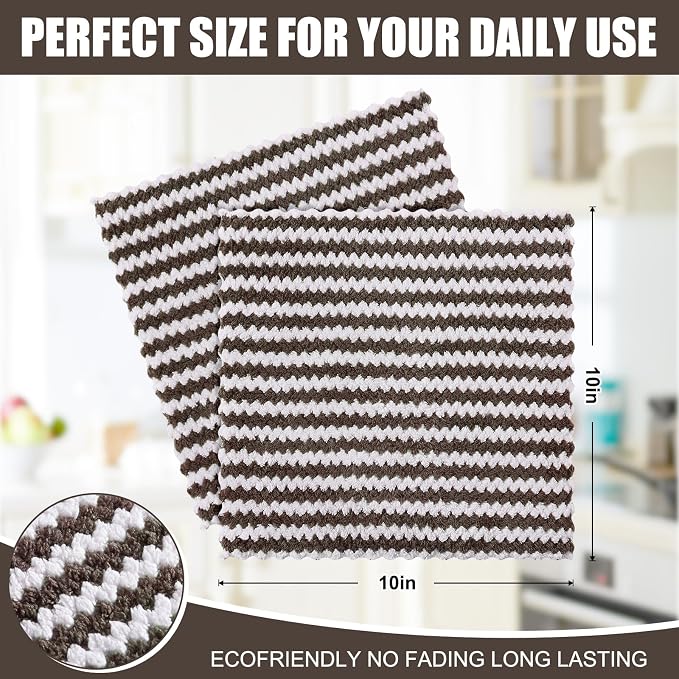 Homaxy 12 Pack Kitchen Dish Cloths, Ultra Soft and Absorbent Dish Towels, Reusable Fast Drying Microfiber Cleaning Cloth, Coral Velvet Wave Design No-lint, 10 x 10 inches, Brown