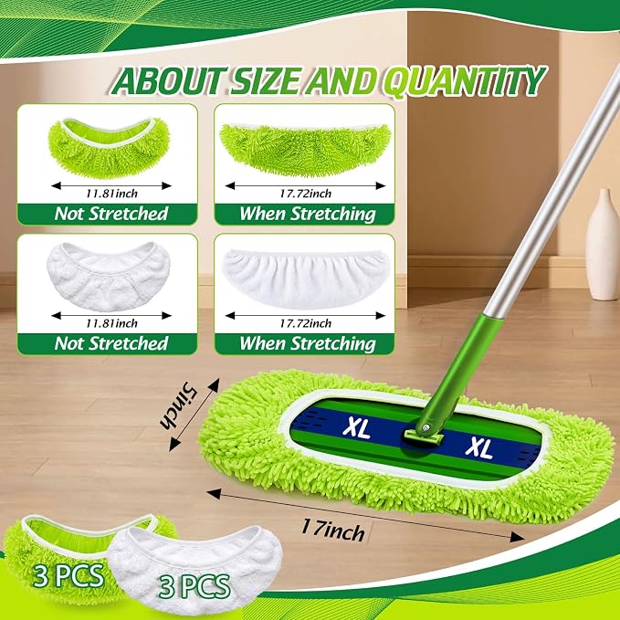 Toulite 6 Pcs Reusable Mop Refill Pads Replacement Compatible with Most XL Sweeper 17" x 5" Microfiber Mops Head Floor Cleaning Supplies (Handle is Not Included) (Green,White)