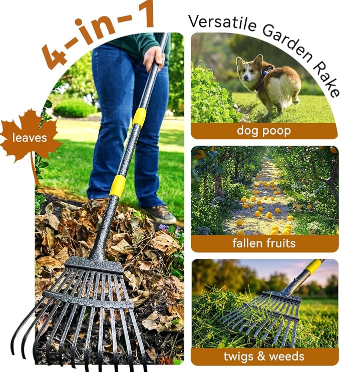 Rake for Leaves, Leaf Garden Rake, Yard Rakes for Lawns Heavy Duty, Metal Tools with 9" Small Narrow Head, 37”-79” Adjustable Long Handle, 11 Steel Tines, Quick Clean up Tool for Shrub, Camping