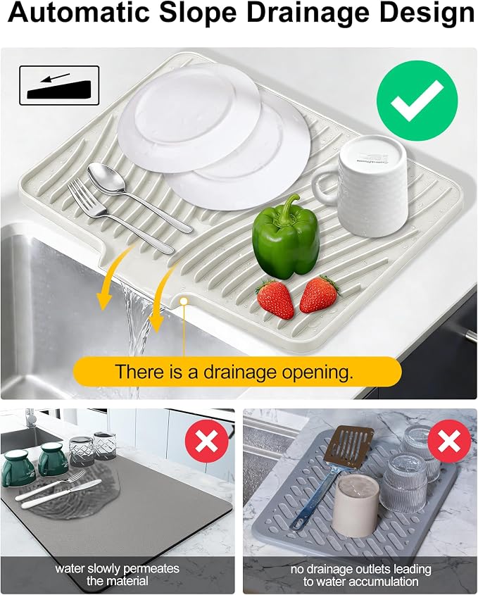 Silicone Dish Drying Mat, Silicone Drying Mat for Kitchen Counter with Built-In Drain, Non-Slip Drain Pad with Built-in Drain, Heat Resistant Silicone Drying Mat, 1Pcs 19.7" x 15", Cream