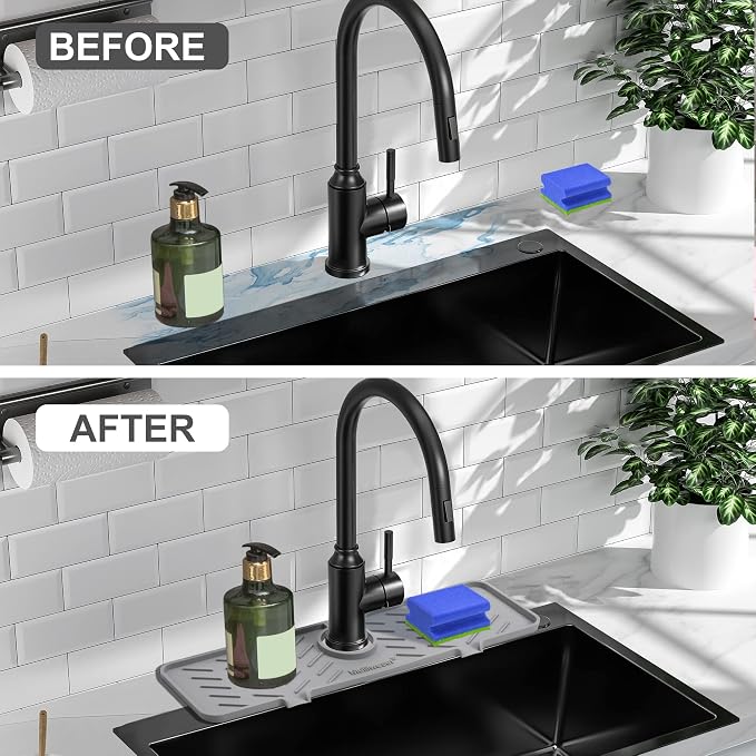 Silicone Faucet Mat for Kitchen Sink – Gen 2 Splash Guard with Upgraded Outlet & Slope – 18” x 5.1” Water Catcher & Sink Sponge Holder for Kitchen and Bathroom (Gray)
