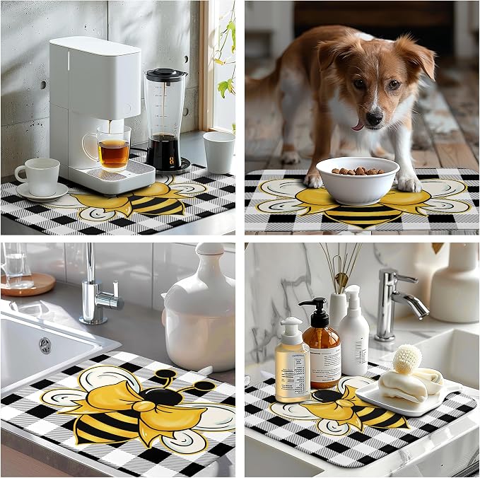 Bee Drying Mats for Kitchen Counter 18×24 Inch Black and White Buffalo Plaid Honey Bee Kitchen Drying Mats for Dishes Summer Microfiber Dish Pad Absorbent Dish Rack Mat