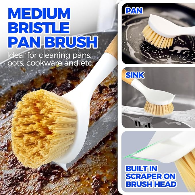 Holikme 3 Pack Dish Brush Set with Bamboo Handle, Kitchen Brushes for Cleaning Pot, Sink and Stove, Skillet Scrubber with Tough Bristles for Cast Iron Grill Pan, White Yellow Black