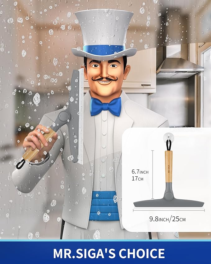 MR.SIGA Silicone Squeegee for Shower Door, Mirror, Glass, 10 inch, Gray | Streak free shower squeegee for windows, showers and glass surfaces, pivoting bamboo handle, includes 1 suction hook