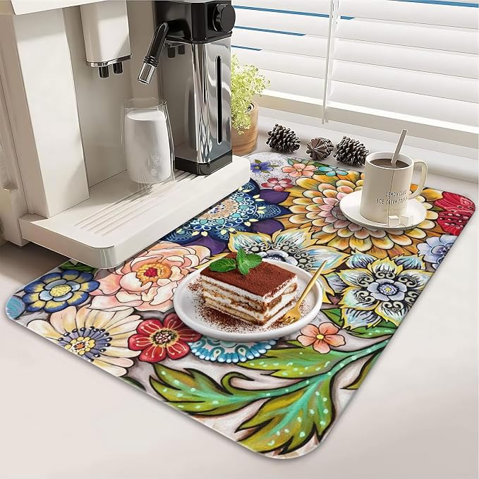 Dish Drying Mat 2-Pack with Mandala for Kitchen Counter Absorbent Dishes | Diatom Mud Mats (18x24, 19.5x12"). Non-slip rubber back for kitchen counter, coffee bar & sink scenes