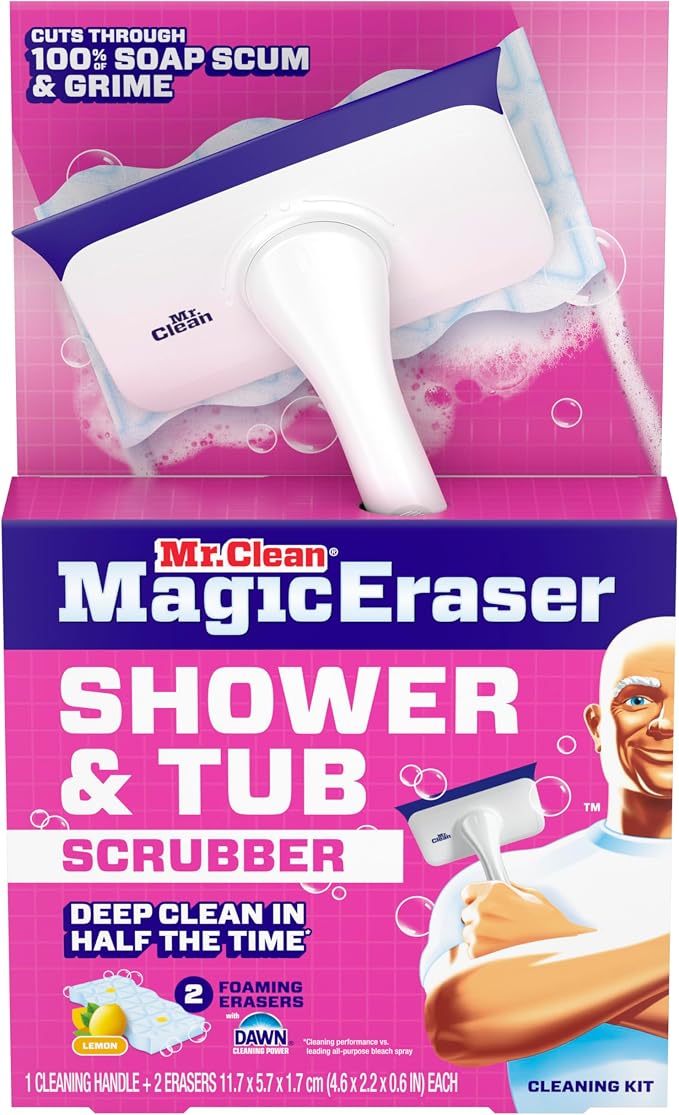Mr. Clean Magic Eraser Shower & Tub Scrubber, Bathroom Cleaner, All in One Bathroom Cleaner, Lemon Starter Kit, 2 Scrubber, 5 Foaming Magic Erasers, 1 Whole Home Extra Durable Magic Eraser