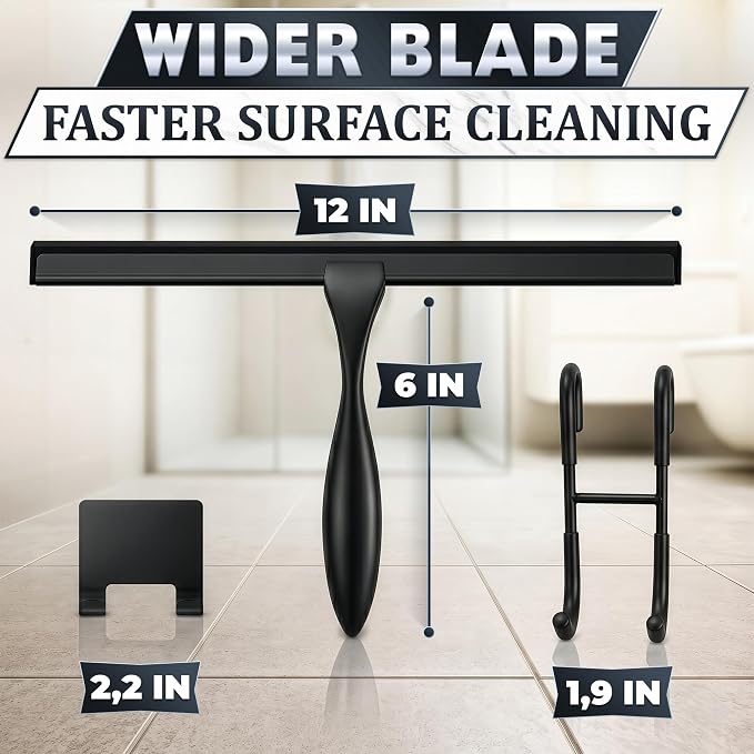 Black Squeegee for Shower Glass, 12" Silicone Blade, Stainless Steel | Shower Door Squeegee with Hook, Adhesive Mount; All-Purpose Bathroom Tile, Mirror, & Window Wiper for Streak-Free Cleaning