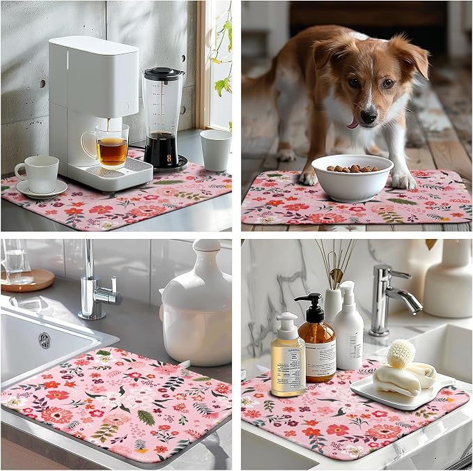 Pink Floral Dish Drying Mat for Kitchen Counter Cute Flower Print Dish Rack Mats Absorbent Microfiber Dish Draining Mat Reusable Washable Large Drainer Pad 16x18 Inch