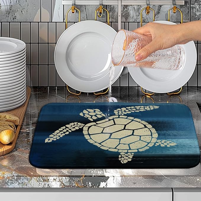 Sea Turtle Dish Drying Mat Summer Ocean Animal Dish Drainer Rack Mat 16 X 18 Inch Dark Blue Microfiber Absorbent Drying Mat for Kitchen Counter