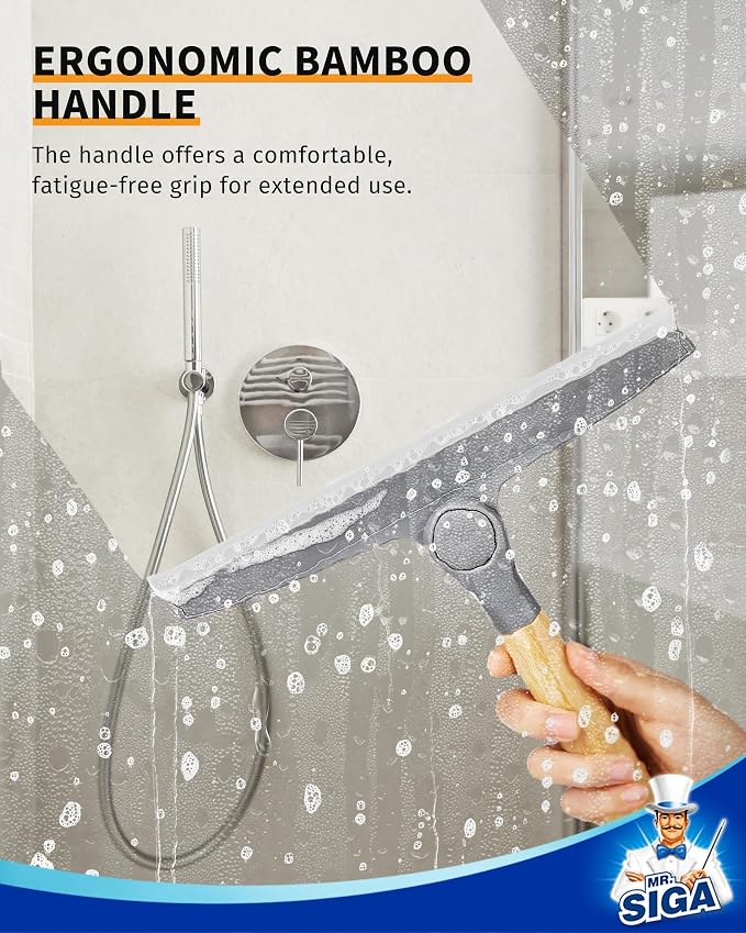 MR.SIGA Silicone Squeegee for Shower Door, Mirror, Glass, 10 inch, Gray | Streak free shower squeegee for windows, showers and glass surfaces, pivoting bamboo handle, includes 1 suction hook