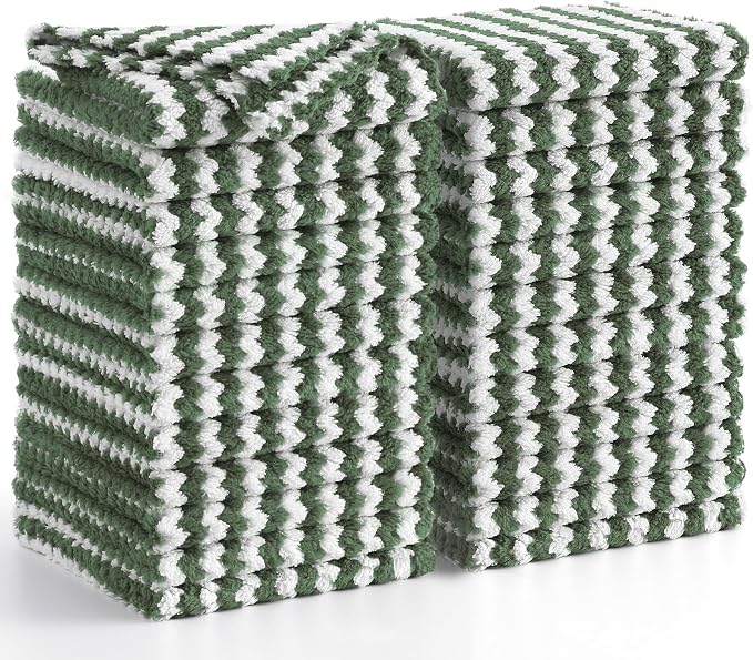 Homaxy 24 Pack Kitchen Dish Cloths, Ultra Soft and Absorbent Dish Towels, Reusable Fast Drying Microfiber Cleaning Cloth, Coral Velvet Wave Design No-lint, 10 x 10 inches, Grass Green