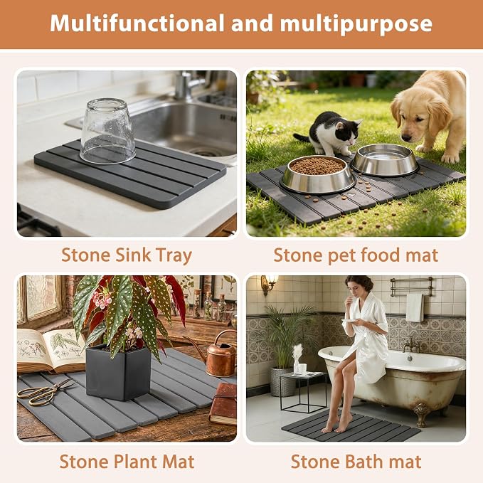 Large Stone Dish Drying Mat for Kitchen Counter, 2 PCS Quick Dry Diatomaceous Earth Dish Mat Set – Foldable Water Absorbing Kitchen Gadgets & Gifts, Home Essentials(Gray Ink 24"×16" & 8"x4")