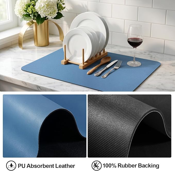Ecotrim - Dish Drying Mat for Kitchen Counter | Coffee Bar Mat for Countertops | Heat Resistant Drainer Mat with Non-slip Rubber Backed | Hide Stain Kitchen Absorbent Draining Mat | Blue 18"x24"