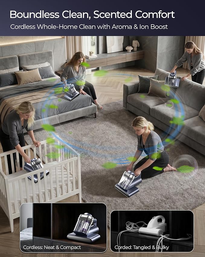 Teant Cordless Mattress Bed Vacuum, 18kPa Suction & LED Display, Model MV01 | Cordless 2-Speed Bed Vacuum, 33000RPM Roller Brush, 253.7nm UV-C, Ultrasonic, HEPA, 149°F Heat, Aroma, Anion for Bed Sofa