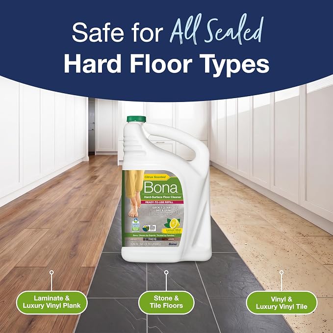 Bona Multi-Surface Floor Cleaner Refill - 128 fl oz - Lemon Mint | Residue-Free Floor Cleaning Solution Refill for Spray Mop and Spray Bottles - Use on Stone, Tile, Laminate, and Vinyl Floors