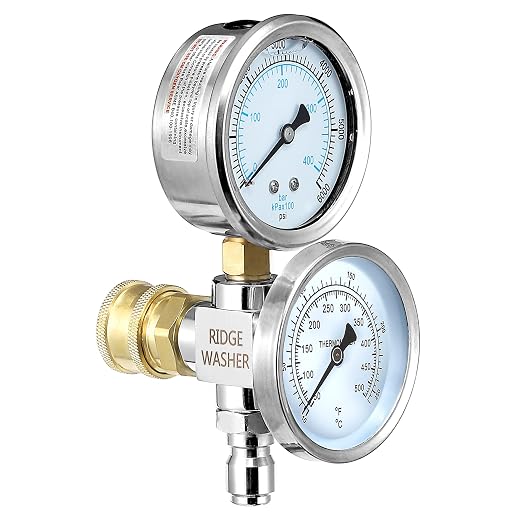 RIDGE WASHER 2-in-1 Pressure Washer Gauge Emperature Gauges, 6000 PSI | Stainless Steel, 3/8 Inch Quick Connect
