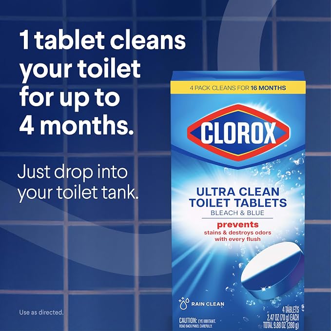 Clorox Ultra Clean Toilet Tablets Bleach & Blue, Rain Clean Scent, 2.47 Ounces Each, 4 Count (Package May Vary)