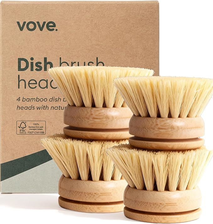 Vove Bamboo Dish Brush Replacement Heads 4-Pack, Refill Heads with Natural Fiber Bristles for Long-Lasting Use, FSC-Certified Bamboo, Plastic-Free Zero-Waste Kitchen Refill