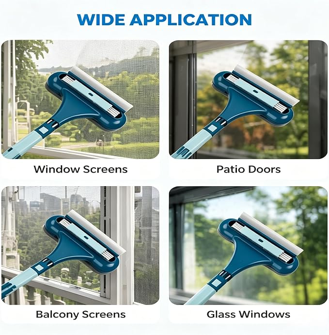Upgrade Window Screen Cleaner, 2 in 1 Detachable Window Cleaning Brush with Squeegee, Wet Dry Dual-Use Multi-Functional Glass Net Cleaner Tool for Dusty Corners, Patio, Door, Porch Screens (1)
