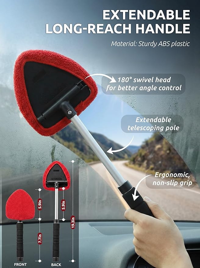 TAKAVU Window & Windshield Cleaner, Extendable, 3 Microfiber Pads (Red) | Pivoting Triangle Head Wiper Cleans Interior & Exterior Glass, 3 Washable Reusable Bonnets, Lint-Free