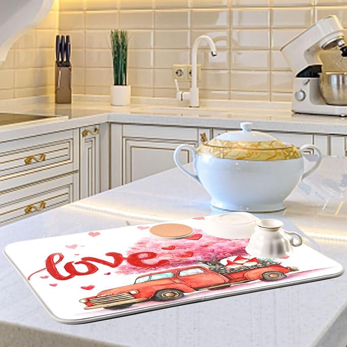 Valentine’s Day Love Tree Dish Drying Mat for Kitchen Countertop 18x24 Happy Valentines Day Gnomes White Large Drying Mat Reusable Quick Dry Dish Sink Mats Easy Clean Decorative Essentials