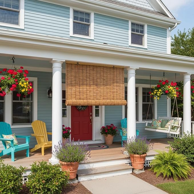 Cordless Bamboo Outdoor Blinds for Patio - Waterproof Reed Roller Shades for Porch Deck, Light Filtering Sun Shade Privacy Screen for Gazebo Pergola Windows, Retro Roman Shade(27" W x 61" H)