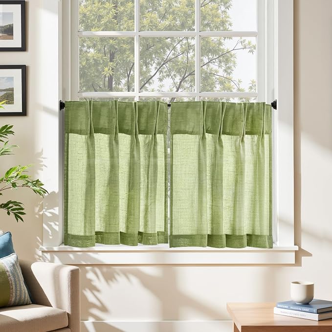 jinchan Linen Pinch Pleated Back Tab Tier Curtains, 26x24, 2 Panels, Green | Light filtering,small window treatment,cafe curtains,machine washable,farmhouse,kitchen,bathrooms,laundry