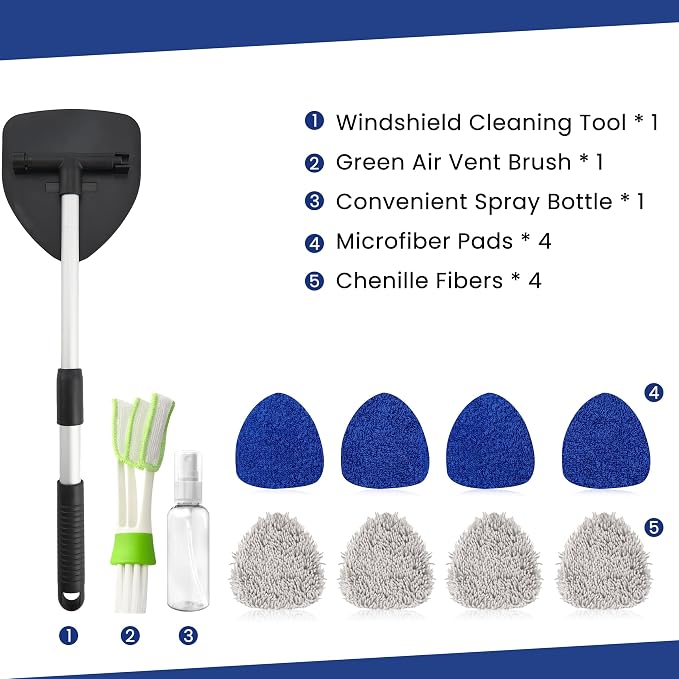 Windshield Cleaner Tool with 180° Rotating Head, Car Window Cleaner Tool with Extendable Handle and 4 Reusable Microfiber Pads, Car Windshield Cleaning Brush for Effortless and Efficient Cleaning