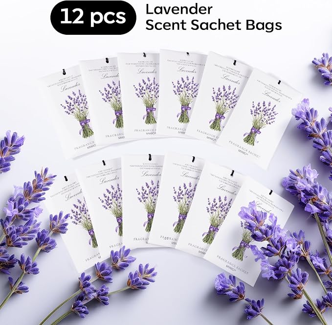 MYARO 12 Pack Lavender Scented Sachets | Odor Eliminator & Air Freshener for Drawer, Closet, Car, Shoes, Gym Bag, Suitcase | Home Fragrance Gift Set