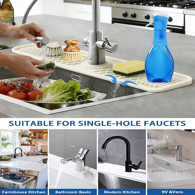 EBIGIC 24 Inch Silicone Faucet Mat for Kitchen Sink, 7° Slope Fast Self-Draining Sink Splash Guard, Kitchen Sink Water Catcher Organizer, Kitchen Sink Accessories (off-white, 24''x5.6'')