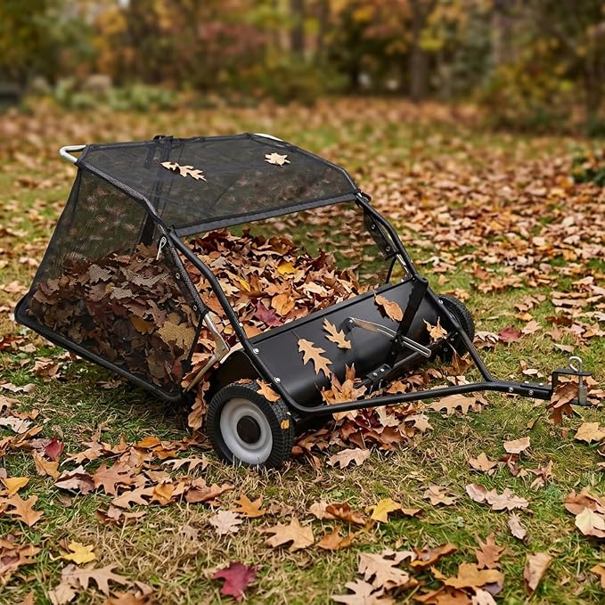 Grebest Tow Behind Lawn Sweeper for Tractors & Riding Mowers, 44" Wide, 25cu ft Large Capacity Leaf & Grass Sweeper with Adjustable Brush Height, Dump Rope, Rubber Wheels, Foldable Design