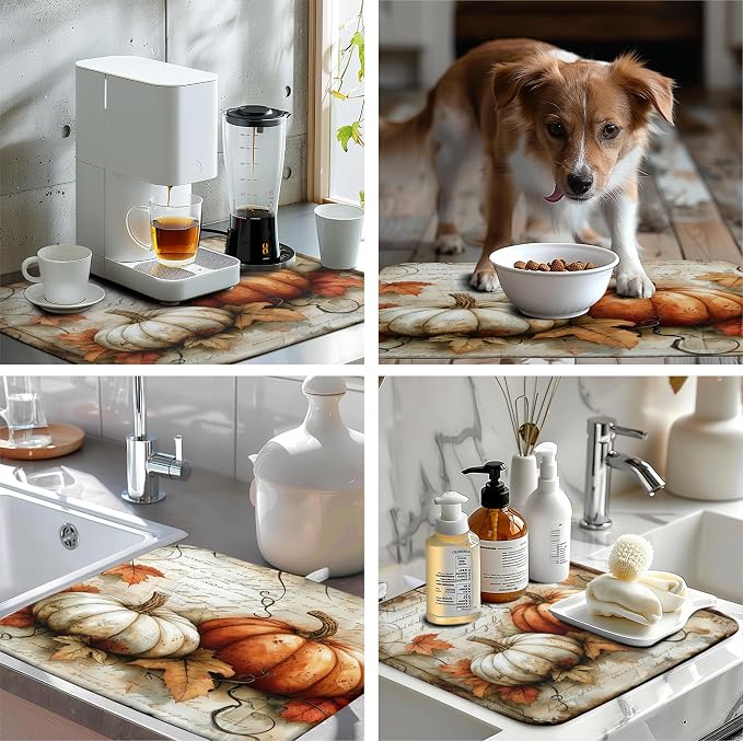 Fall Pumpkin Dish Drying Mats for Kitchen Counter 18x24 Inch Vintage Maple Leaves Dishes Drying Mat Seasonal Autumn Dish Drainer Mats Microfiber Absorbent Dish Drying Pads with Hanging Loop