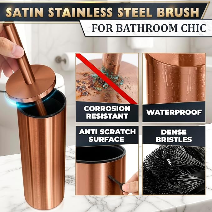 Bronze Toilet Brush and Holder Set - Upgrade Your Bathroom in Seconds - Rust Resistant Stainless Steel Toilet Bowl Brush and Holder with Replaceable Head, Removable Inner Bowl & Splash Guard Cover