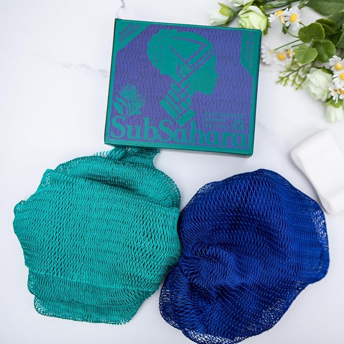 SubSahara Authentic African Net Sponge - 2 Pack Exfoliating Bath & Shower Loofah Sponge for Body & Face, Gentle Scrubber for All Skin Types, Travel, Durable (Dark Blue & Forest Green)