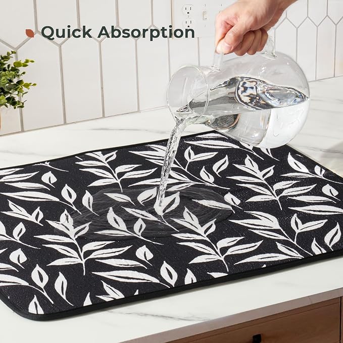 FRESHMINT Printed Dish Drying Mats for Kitchen Counter 2 Pack Absorbent Reversible Drying Mats Microfiber Kitchen Countertop Protector Dishes Drying Pad Extra Large 18"x24" Dish Mat