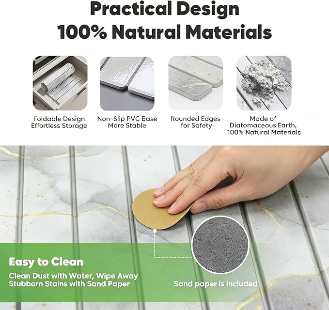 Stone Drying Mat for Kitchen Counter, Quick Diatomaceous Earth Mats for Dishes, 24"L x 16" W Super Absorbent Fast-Drying Collapsible Countertop Stone Mat (Marble White Yellow, 24" x 16")