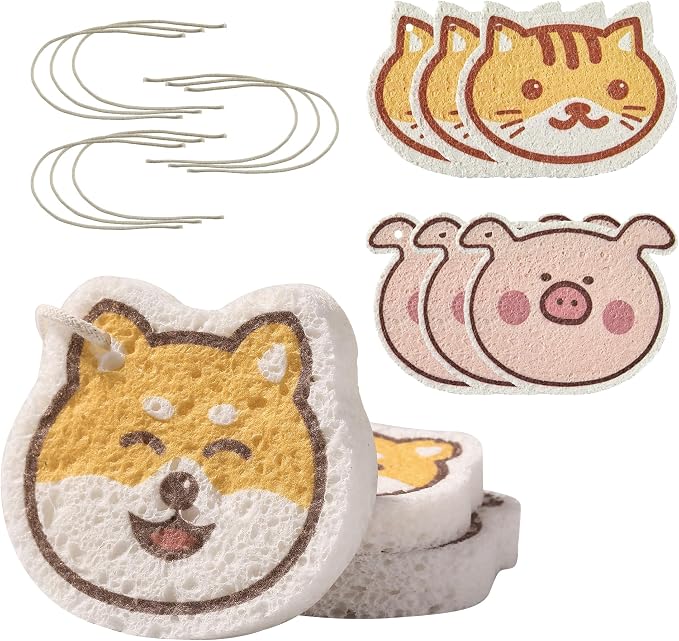 JOYMOOP Cartoon Kitchen Sponge, Cellulose Sponges for Cleaning, Non-Scratch Sponges for Dishes, Reusable Sponge for Household Cleaning - 9 Pcs Mixed Pattern (Kitten, Doggy and Piggy)