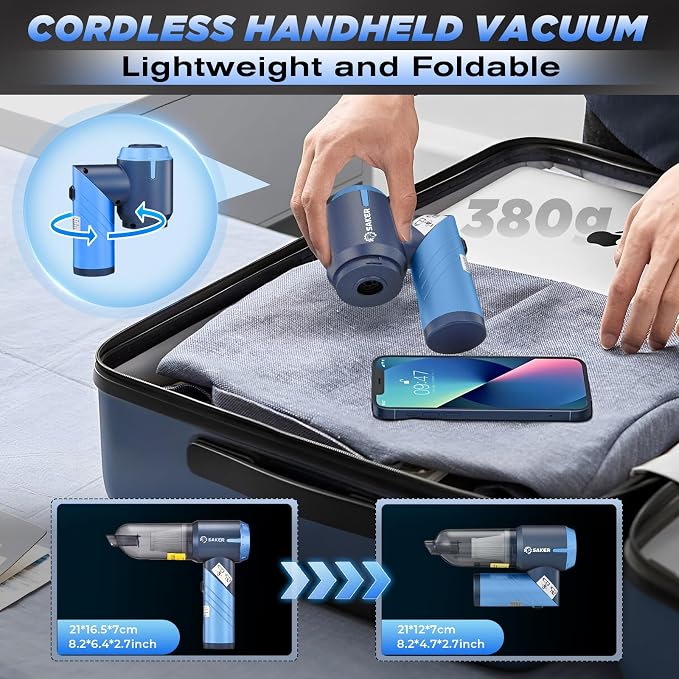 Saker Handheld Car Vacuum Portable Cordless17000Pa HL132 Blue | Small Car Vacuum with Brushless Motor,Air Duster Blower,Rechargeable Foldable Vacuum Cleaner,for Home, Office Pet
