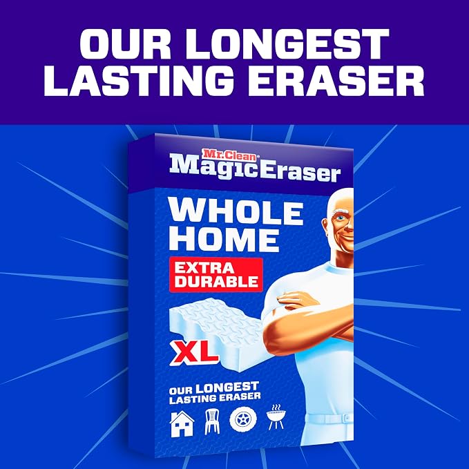 Mr. Clean Magic Eraser Sponge, All Purpose Cleaner, Long Lasting Cleaning Scrubber, Wall, Sneaker, Oven, Kitchen, Bathroom Cleaner, Shower Cleaning Supplies, Whole Home Extra Durable XL, 6ct