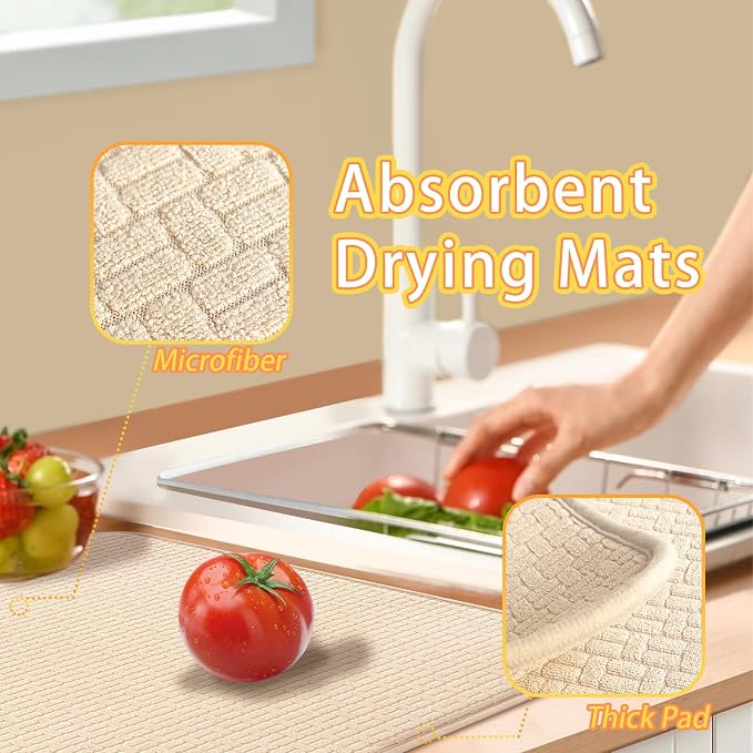 2 Pcs XXL Dish Drying Mats,Absorbent Microfiber Drainer Mat,Large Size 24×17" Pads for Kitchen Counter,Coffee,Rack,Under Sink(Beige)