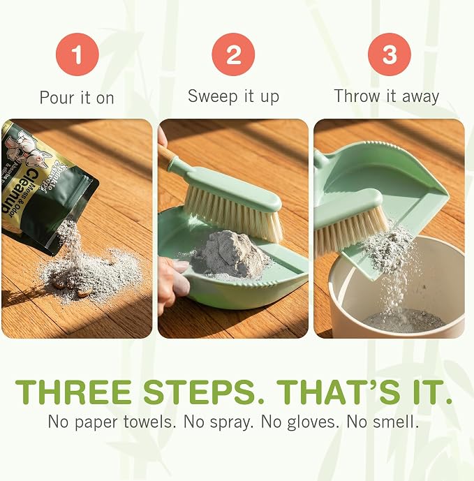 Sprinkle & Sweep: Pet Mess & Odor Cleanup Duo - 15oz Bag & Dustpan Broom - Dog Accident Clumping Powder, Remove Urine-Poop-Vomit from Hard Services