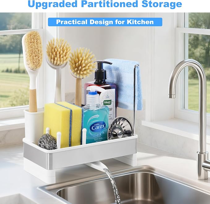 Sponge Holder for Kitchen Sink Caddy Organizer, Dish Brush Holder | Stainless Steel Sponge Caddy for Kitchen Countertop Organizer, Rustproof Dish Soap and Sponge Rack with Dishcloth Drying Rack