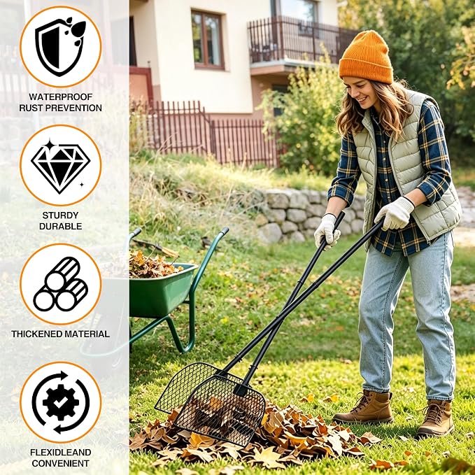 Leaf Grabber Rake with Long Handle，Leaf Picker Upper Grass Collector，Lightweight Metal Leaves Rakes， Efficient and Labor-Saving Yard Rake Leaf Grabber No Bending Over
