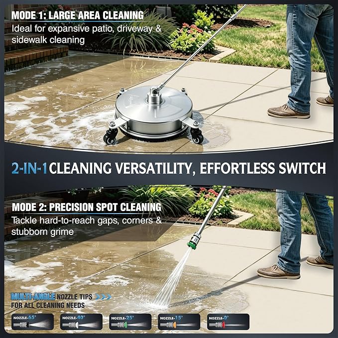 RAYNEL 14" Pressure Washer Surface Cleaner, Power Washer Accessory | Stainless Steel Housing With 4 Wheels And 1/4" Quick Plug, 2 Extension Wands & 2 Replacement Nozzles, Max 4000 PSI Pressure
