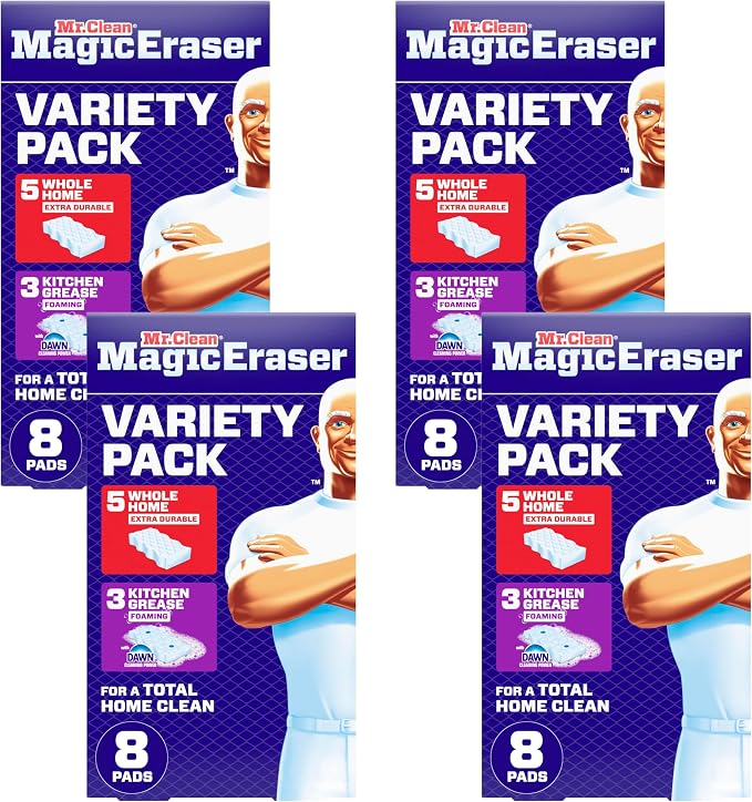 Mr. Clean Magic Eraser Sponge, All Purpose Cleaner, Cleaning Scrubber, Wall, Kitchen, Bathroom, Shower Cleaner, Melamine Sponge, Cleaning Pads, Variety Pack, 5 Extra Durable, & 3 Grease Magic Erasers