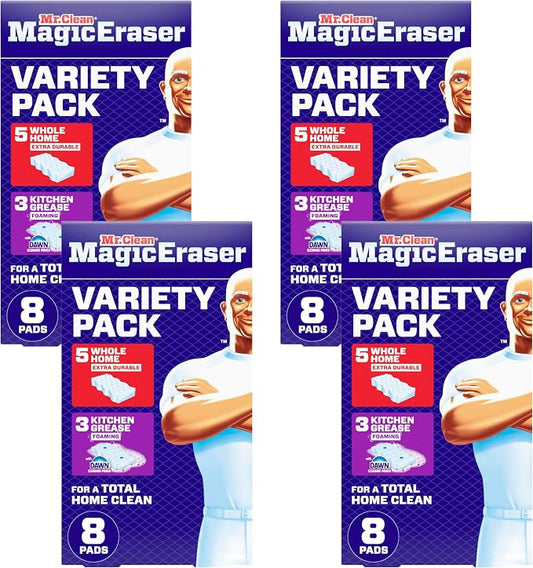 Mr. Clean Magic Eraser Sponge, All Purpose Cleaner, Cleaning Scrubber, Wall, Kitchen, Bathroom, Shower Cleaner, Melamine Sponge, Cleaning Pads, Variety Pack, 5 Extra Durable, & 3 Grease Magic Erasers