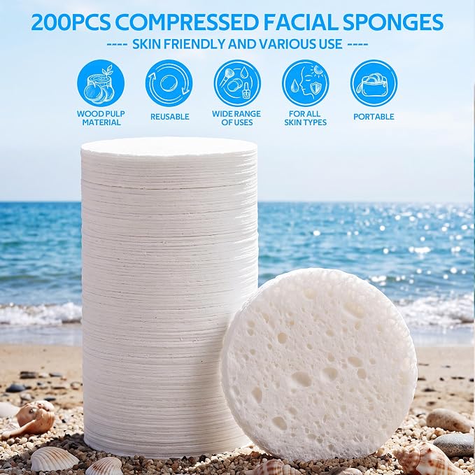 200 PCS Compressed Facial Sponges,White Cellulose 100% Natural Cosmetic Spa Sponges for Facial Cleansing, Exfoliating Mask, Makeup Removal