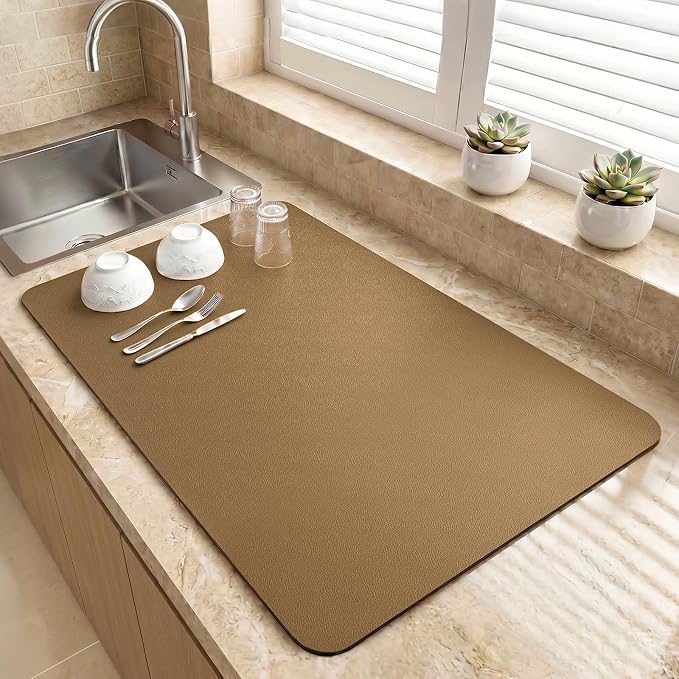 LOPNUR Kitchen Dish Drying Mat, 24"x16" Large Dish Drying Mats for Kitchen Counter, Diatomite Coffee Mat, Super Absorbent Dish Drying Pad, Heat Resistant Mat with Anti-slip Rubber Backed, Brown