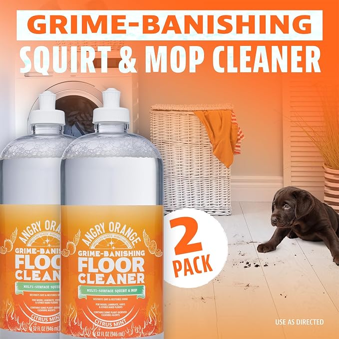 ANGRY ORANGE Hardwood Floor Cleaner - No-Rinse, Pet-Safe, Residue Free Multi-surface Cleaning Solution for Pet Urine, Grime & Everyday Dirt - Made in USA - Citrus Mint - 32 oz - Value 2 Pack